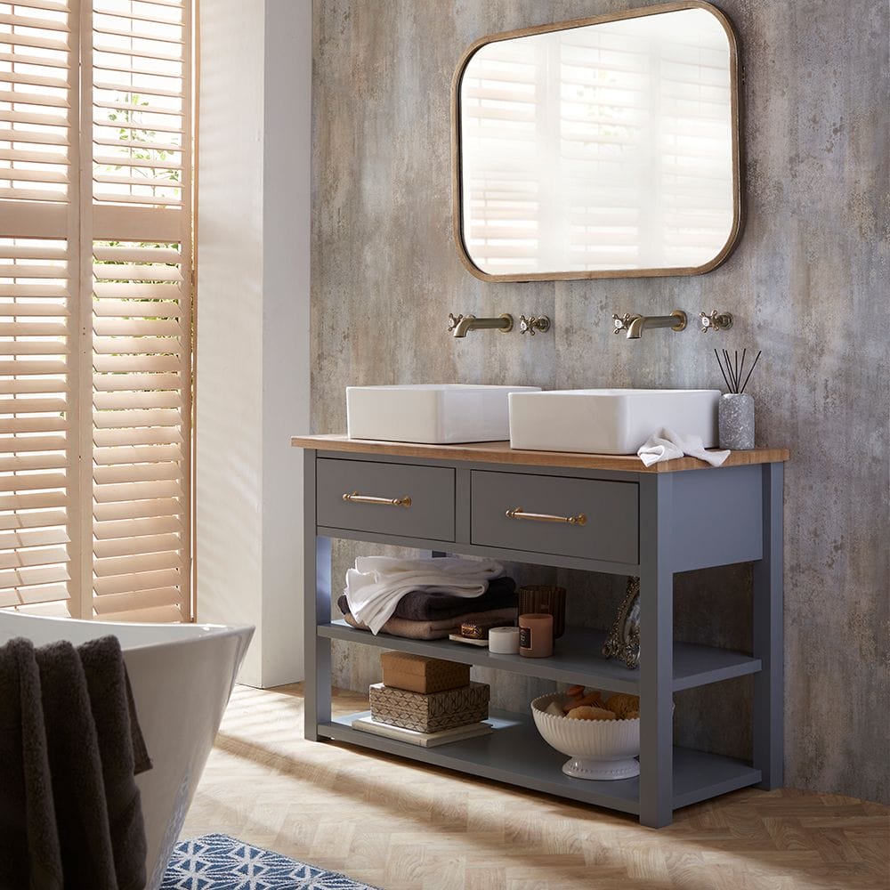 Traditioneller Waschtischunterschrank für Aufsatzbecken 1215mm – Waschbecken, Farbe und Design der Griffe wählbar – Hellgrau – Stratford