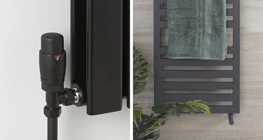 Thermostatisches Heizkörperventil Schwarzes Thermostatventil an einem Designheizkörper